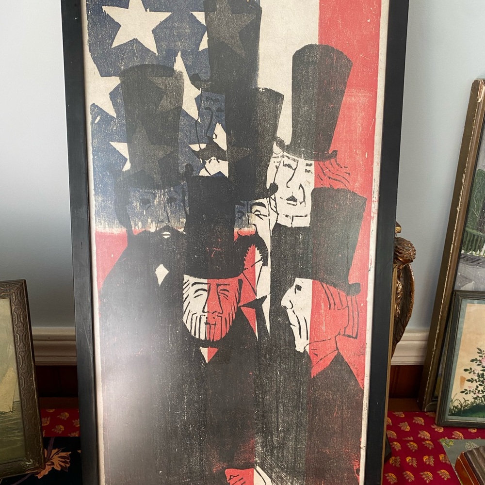 Vintage "Robber Barons" themed woodcut signed